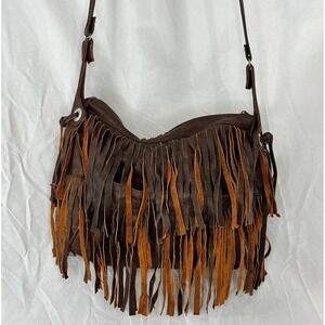 Brown Leather Fringe Crossbody Shoulder Bag Boho Western Festival Y2K  Vtg